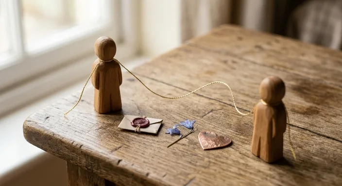 Two wooden game pieces connected by a golden thread with miniature icons of a heart and letter on a wooden table.