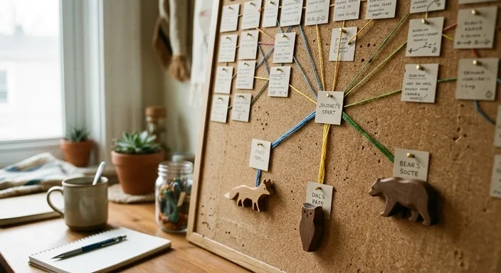 A physical flowchart on a corkboard using cards, string, and wooden figurines to illustrate branching narrative paths and outcomes.