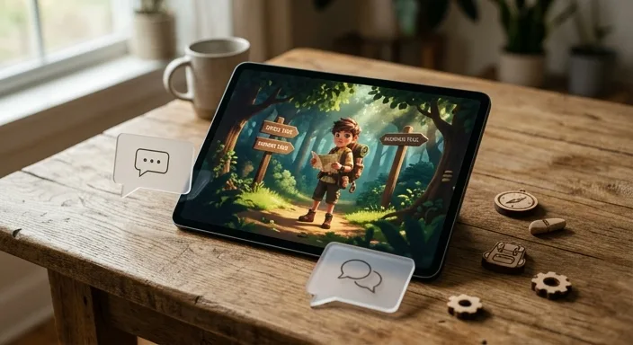 A tablet on a wooden desk showing a digital story character at a path junction, surrounded by physical chat bubble props.