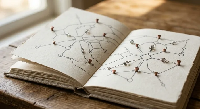 A physical representation of a diamond narrative structure using copper tacks and beads on a linen journal.
