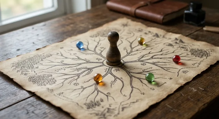 A wooden pawn sits at the junction of several ink-drawn paths on a vintage map, representing choice.