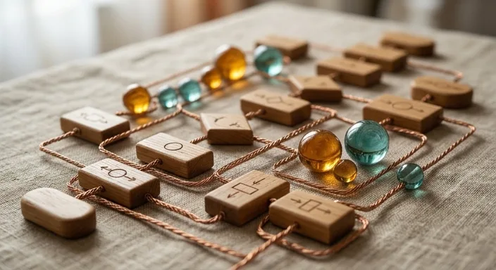 A physical 3D flowchart made of wooden blocks and copper wire on a linen surface, representing complex NPC decision logic.
